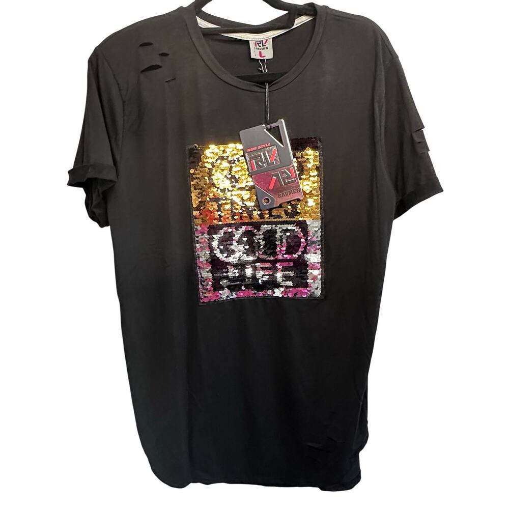 New Ravmen black sequence “good time, good life” tshirt size large New